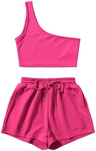 Verdusa Women's One Shoulder Tank Top and Lounge Shorts 2 Piece Tracksuit Set Hot Pink XS