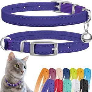CollarDirect Leather Cat Collar, Cat Safety Collar with Elastic Strap, Kitten Collar for Cat with Bell Black Blue Red Orange Lime Green (8-11 Inch, Purple)