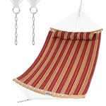 COSTWAY Outdoor Double Folding Hammock with Detachable Pillow and Hanging Straps, Portable Cotton Hammock Seat Swing Bed for Garden Patio Beach Camping (Red+Yellow Stripe, Curved Bamboo Spread Bars)