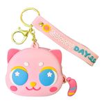 TE Cute Silicon Coin/Airpods Bag Small Size | Airpods Bag Case Soft | Earphones Bag | Cat/Rabbit Design Coin Pouch | Pouch with Keychain | Compact and Portable Case (Pink Cat)