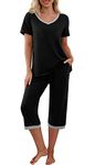 PrinStory Women's Pyjamas Set Comfy Pjs For Women Sets Short Sleeve Shirt And Capri Pants Loungewear Sets For Women Soft Ladies Sleepwear Nightwear With Pockets (Black, L)