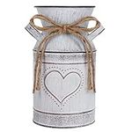 Belle Vous Rustic Metal Flower Vase - 10.3 x 19cm / 4.05 x 7.48 Inches - White Heart Vintage Shabby Chic Farmhouse Milk Bucket - Primitive Decorative Pitcher Jug for Home/Wedding Decor & Garden Plants