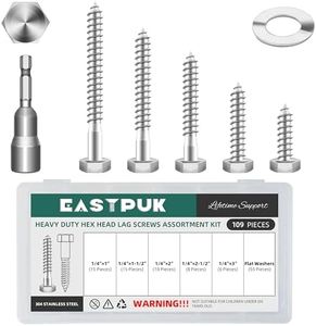 EASTPUK 109Pcs 1/4" Hex Head Lag Bolts Screws Assortment Kit, Heavy Duty Lag Screws with Washers, 304 Stainless Steel 18-8, 1/4 Bolt for Wood, Bright Finish