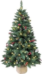 Pre-lit Christmas Tree 120cm/4ft,300 Branches Tips Artificial Pine Xmas Tree with 100 LED Lights & 20 Red Berry & 20 Pinecone Burlap Base for Indoor Outdoor Decoration