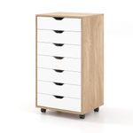 COSTWAY Mobile File Cabinet, 7 Drawers Lateral Stationery Storage Organiser Chest with Wheels, Home Office Printer Stand Side Filing Cupboard（Natural + White）