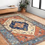 Bsmathom Vintage 5x7 Area Rugs, Machine Washable Large Rug Faux Wool Soft Fuzzy Rug, Non-Slip Non-Shedding Oriental Rugs Low-Pile Floor Carpet for Dining Room Living Room Bedroom Office, 5x7Ft