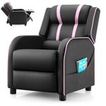 GYMAX Kids Sofa Chair, PU Leather Children Recliner Armchair with Adjustable Backrest&Footrest, Headrest, Lumbar Support and Side Pockets, Upholstered Toddler Lounge Chair for Boys Girls (Black+Pink)