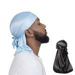 ForceWave 2 Pieces Silky Durag Pack for Men Women Waves, Premium Satin Deluxe Du-rag, Skyblue Black, One Size