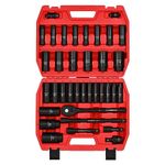 CASOMAN 1/2" Drive Master Impact Socket Set, 36 Piece Deep, Standard SAE (3/8" to 1-1/4") & Metric (10-32 mm) Sizes, Includes Extension Bar (3, 5, 10-inch), Adapters & Ratchet Handle, CR-V Steel