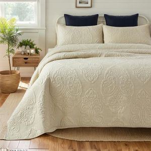 Brandream Quilt Set King Size Premium Cotton Beige Vintage Comforter Set Luxury Paisley Matelasse Bedding Coverlet Set 3-Piece