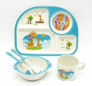 CareVego 5Pcs/Set Bamboo Kids Dinnerware Set - Children Dishes - Food Plate Bowl Cup Spoon Fork Set Dishware, Cartoon Tableware, Dishwasher Safe Kids Healthy Mealtime, BPA Free (Giraffe)