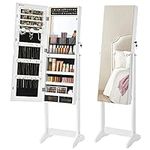 SONGMICS Mirror Jewelry Cabinet with LED Lights, Standing Armoire Organizer, Accessories Storage, White UJJC023W01