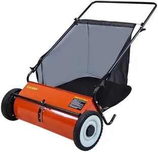 Push Lawn Sweeper, 26-Inch Width, 7 Cu. Ft. Hopper Capacity, 4 Spinning Brushes, Adjustable Height, Durable Steel Frame with Rubber Wheels, Orange