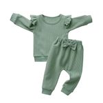 Infant Baby Girls Clothes Solid Color Long Sleeve Ruffle Pullover Sweatshirt Tops Pants Tracksuit 2PCS Outfits Set Green 2-3T