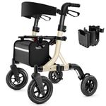 MAXWALK Walkers for Seniors, Rollator Walker with Seat, 10" Rubber Wheels All Terrain Rollator Walker with Backrest, Aluminum Walkers Built-in Cable, Foldable and Adjustable Height for Seniors, Beige