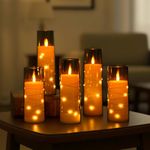 Amazon Basics LED Flameless Candles with String Light Effect Set of 5 (2 Pcs of 5.5x14 cm , 5.5x16, 5.5x18cm, 5.5x20 CM), Grey Acrylic material, Ivory Pillars, Steady Warm Light, Remote & Timer, Battery Operated Indoor Decor