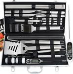 ROMANTICIST 27pc BBQ Grill Accessories Set with Thermometer Heavy Duty Stainless Steel Grill Utensils in Aluminium Case for Outdoor Camping Backyard Barbecue Ideal Gift for Men Dad