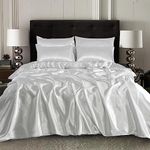 Mr Jeans Satin Silk Duvet Cover Sets - 6 PCS - Quilt Cover Bedding Set With Fitted Sheet + 4 Pillow Cases, White - Double