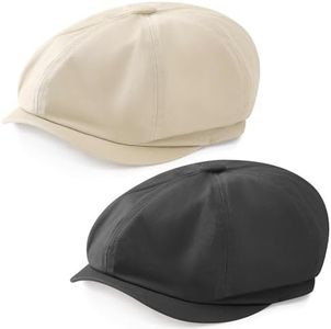 Jnxuoq 2PCS Men's Short Brim Cotton Short Brim Newsboy Caps Cabbie Cap Vintage Baker Boy Style Flat Hats Soft Breathable Lightweight for Casual Daily Wear Outdoor Winter Headwear Classic Beige+Gray