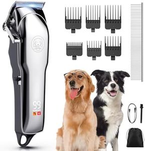 Dog Grooming Kit,USB Rechargeable Dog Grooming Clipper with 6 Guide Combs, Cordless Electric Pet Hair Trimmers Set with LED Display for Small & Large Dogs Cats