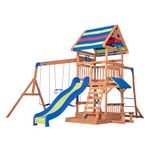 Backyard Discovery Beach Front All Cedar Wooden Swing Set with Monkey Bars, Large Upper Deck with Canopy, Ships Wheel, Play Telescope, Sandbox, Snack Bench, Rock Wall