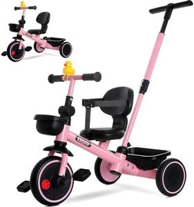 KRIDDO 2-in-1 Tricycle for Toddlers 1.5-5 Years, Push Tricycle with Parent Steering Detachable Handle, 9-Stage Adjustable Handlebar, Toddler Trike with Safety Belt, Clutch Pedals & Dual Basket, Pink