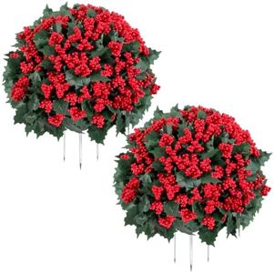 QIANYUN 16" Artificial Christmas Berry Stakes (1 Pack), Faux Red Holly Berry Picks for Outdoor Planters, Holiday Front Porch Decor, Farmhouse Winter Yard Decorations (Red)
