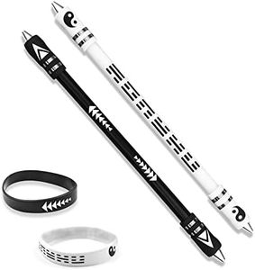 Roucerlin 2 Colors Pen Spinning with Silicone Bracelet, Metal Heads Gaming Finger Pen, 8.5In Weighted Rotating Ballpoint Pen, Spinning Pen for Student Adults, No Pen Refill (Black,White)