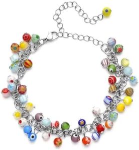 Shop LC Murano Style Glass Bead Charm Ankle Bracelets For Women Adjustable Beach Fashion Foot Jewelry Beaded Anklet in Stainless Steel Boho Birthday Gifts for Women 7.5" Birthday Gifts