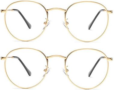 Braylenz Vintage Round Metal Glasses Frame with Clear Lens, 2 Pack Women Men Non-Prescription Eyeglasses(Gold+Gold)