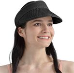 SUN CUBE Women Straw Visor Hat, Wide Brim Sun Visor for Beach Pool Travel, Foldable Roll Up Ponytail Summer Raffia Hat, Ladies UV UPF 50+ Protection Packable Foldable Visor, Black