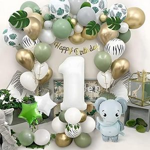 Ballon Anniversaire 1 an，Thinbal Decoration Anniversaire 1 an Garcon Fille Vert Gris Blanc，Anniversaire Jungle Ballons Anniversaire 1 An,Kit Anniversaire pour Bebe Garçon Fille