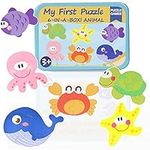 SZNYFZ Wooden Puzzles for Toddlers 1-3 Years Old Toys,6 Pack Ocean Animal Toddler Jigsaw Puzzles with Iron Storage Boxs Early Learning Preschool Toys Christmas Birthday Gifts for Girls Boys Ages 2-4