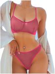 SOLY HUX Women's Mesh Solid Sheer See Through Lingerie Set Sexy Lace Bra and Panty 2 Piece Red Violet Large