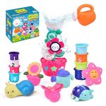 9 PCs Bath Toys Toddlers, Flower Waterfall Water Station Garden Squirter Toys, Stacking Cups Watering Can, Bath Toy Organizer Included Gift for Kids