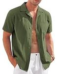 COOFANDY Linen Shirts for Men Short Sleeve Cuban Collar Shirt Summer Beach Vacation Shirts Army Green