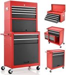 GiantexUK Tool Cabinet, 2 in 1 Lockable Metal Tool Chest with Removable Top Cabinet, Wheels, 5/6 Drawers, Pegboard & Hooks, Heavy-duty Rolling Tool Box Trolley (with Middle Toolbox, Black+Red)