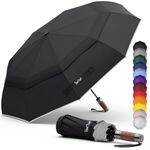 Royal Walk Windproof Folding Travel Umbrella Compact and Strong Luxurious Real Wood Handle Automatic Open Close Vented Double Canopy for Men and Women (Black)