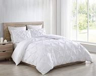 Chezmoi Collection Natalia 3-Piece Pom Poms Fringe Pinch Pleat Duvet Cover Set - Hypoallergenic Soft Washed Microfiber Comforter Cover with Button Closure and Corner Ties - King, White