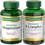 Nature's Bounty Absorbable Magnesium 400mg, Multi-coloured, 125 Softgels & B Complex w/Folic Acid plus Vitamin C, Helps Metabolize Carbohydrates, 100 Softgels