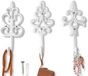 Shabby Chic Decorative Wall Hooks - Set of 3 - Cast Iron French Country Wall Decor - Farmhouse Hangers for Coats, Purses and More - Pure White