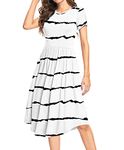 HAOMEILI Women Short Sleeve Pleated Polka Dot Pocket Swing Casual Midi Dress X-Large Stripe White