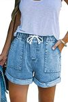 NEYOUQE Womens Shorts for Summer Beach Soft Clothing Fashion Pullover Jean Denim Shorts Ladies Flowy wear high Waisted Cute Elastic Drawstring Comfy Casual Pockets Plus Size Blue Large