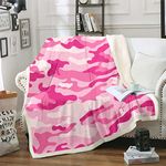 Army Camouflage Fleece Blanket Bed Pink Camo Sherpa Blanket for Teen Adults, Modern Abstract Blanket Twin Size Military Camo Throw Blanket for Sofa, Girly Striped Flannel Blanket Microfiber