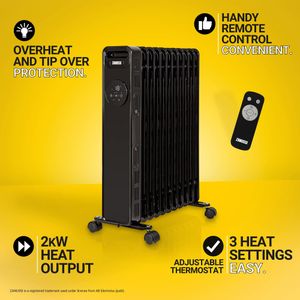 Zanussi 2300W Oil Filled Radiator Heater – 11 Fin, Remote, Black, 24h Timer