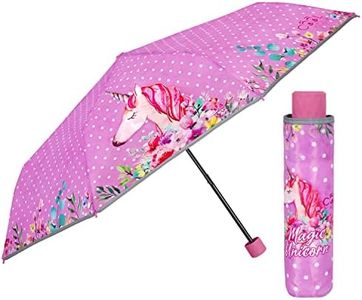 PERLETTI Paraguas Infantil con Unicornio Compacto Apertura Manual - Paraguas Niña Pequeño Plegable 5 6 7 Años - Paraguas Niñas Mini Resistente Borde Reflectante - Diámetro 91 cm (Lila con Lunares)