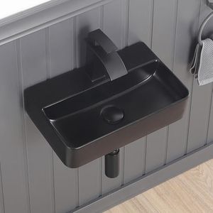 DEHOMEN 18-in Wall Mount Bathroom Sink Rectangular Wall Hung Floating Vessel Sink Porcelain Lavatory for Small Bathroom,Matte Black