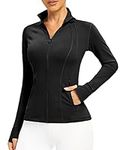 QUEENIEKE Women's Running Jacket Long Sleeve Slim Fit Sports Tops with Full Zip Side Poket Black