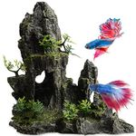 Aquarium Ornament Mountain View Stone, Fish Tank Cave Fish Hideout Rockery with Small Plant for Amano Shrimp Cichlid Goldfish Hideout Decoration