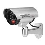 Equay Fake Security Camera, Dummy CCTV Surveillance System with Realistic Red Flashing Lights and Warning Sticker (1, Silver)